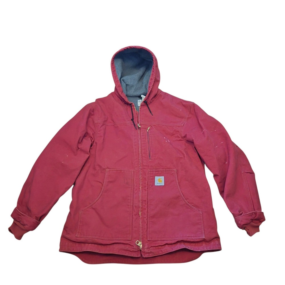 Carhartt Y2K Duck Hooded Ridge Coat Mens L Dark Red C68DKR Fleece Lined Jacket